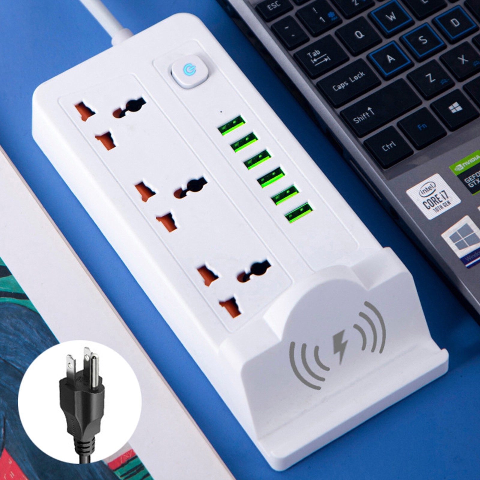 Rvasteizo US Standard 110V Two Pin/three Pin Plug Multifunctional Socket With 6 USB Ports And Wireless Charging